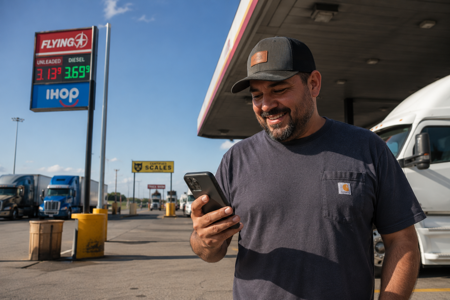A driver checking a load update on his phone at a fuel island