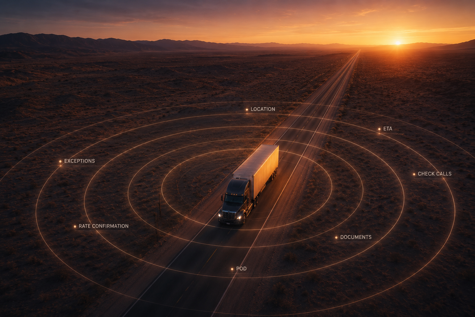 An aerial view of a truck on the highway, ringed by the live signals Tandem watches — location, ETA, check calls, documents, POD
