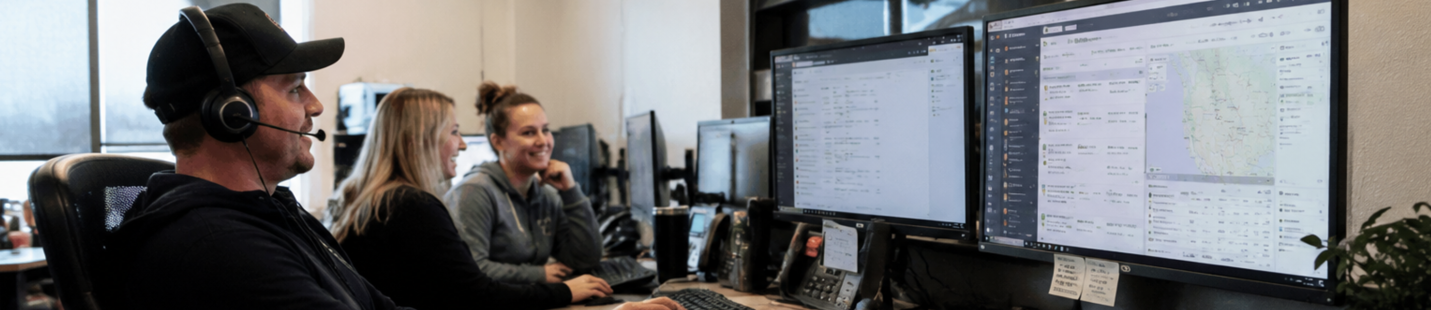 A dispatch floor — three dispatchers working live operations across rows of monitors