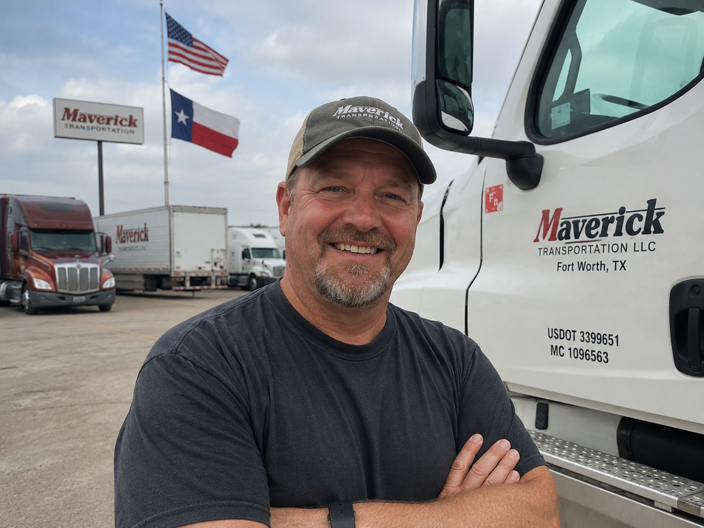A carrier who runs freight on Tandem, standing by his truck